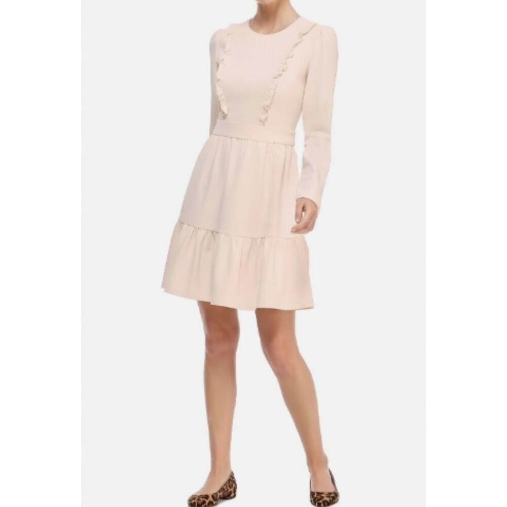 NEW! Gal Meets Glam Women's Hayley Ruffled Long Sleeve Dress 0 Cream Long Sleeve